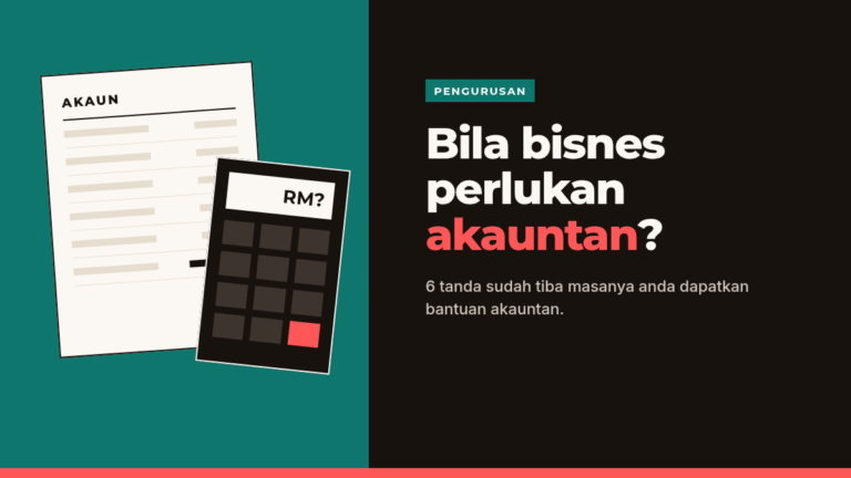 Kad bertajuk Bila bisnes perlukan akauntan, dengan lukisan kalkulator dan buku akaun