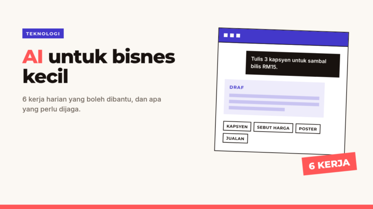 Kad bertajuk AI Untuk Bisnes Kecil dengan ilustrasi tetingkap sembang dan senarai kerja