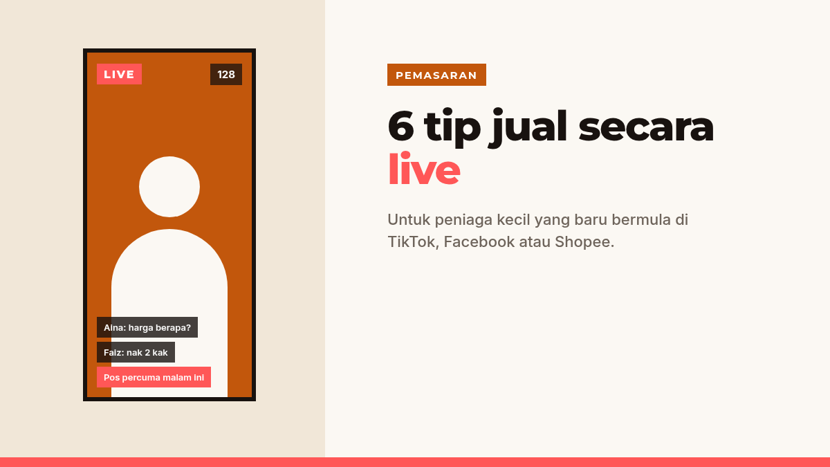 Kad bertajuk 6 Tip Jual Secara Live dengan ilustrasi telefon yang sedang bersiaran langsung